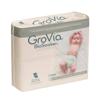 Disposable BioSoaker Pads- Front of packaging with a picture of a baby. 
