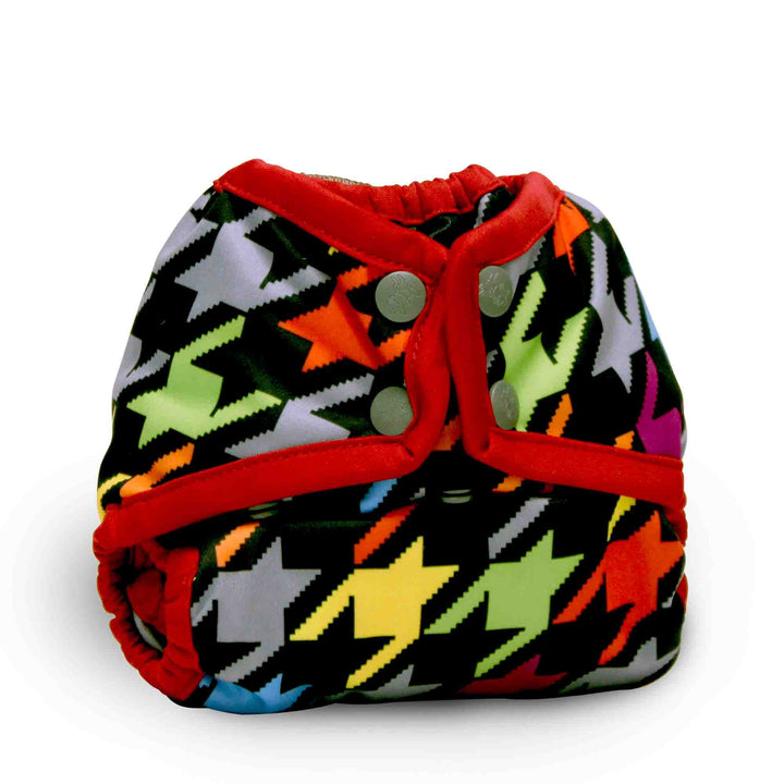 Colorful star-patterned diaper with red trim on a white background