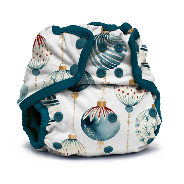Rumparooz One Size Cloth Diaper Cover by Kanga Care in Christmas print called Glaskugeln with blue and red ornament pattern on a white background