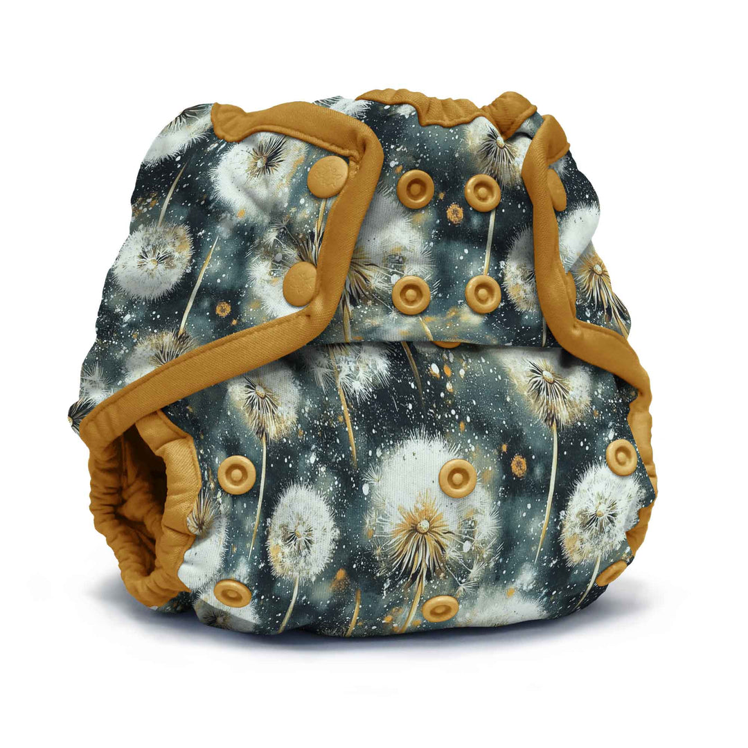 One Size Cloth Diaper Cover with dandelion pattern and yellow trim on a navy background