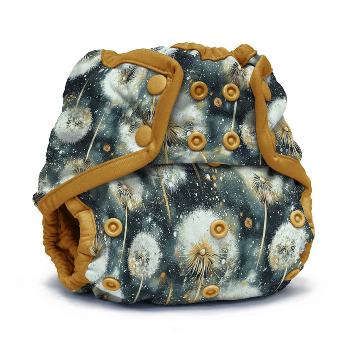 One Size Cloth Diaper Cover with dandelion pattern and yellow trim on a navy background