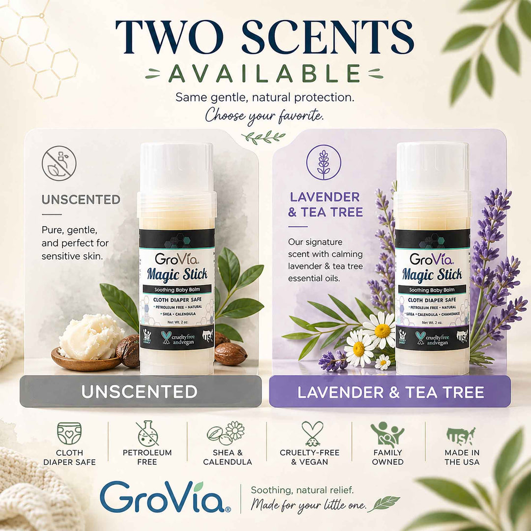 GroVia Magic Stick packaging with unscented and lavender &amp; tea tree scents, featuring natural elements and branding.