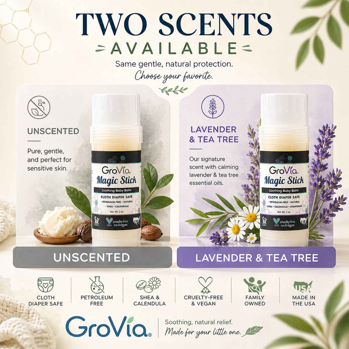 GroVia Magic Stick packaging with unscented and lavender &amp; tea tree scents, featuring natural elements and branding.
