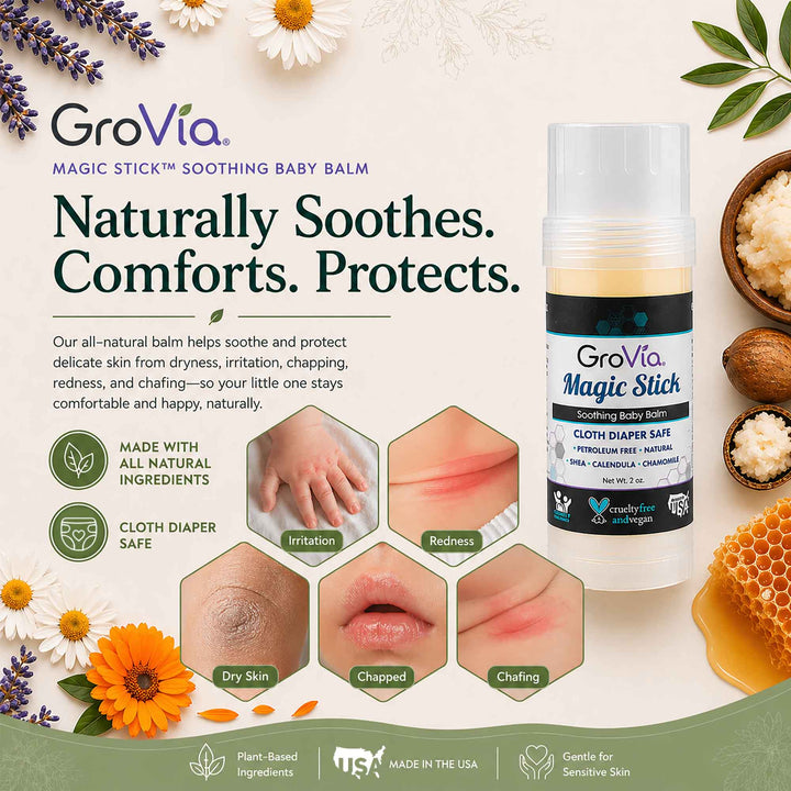 GroVia Magic Stick Soothing Baby Balm with natural ingredients and benefits on a white background.
