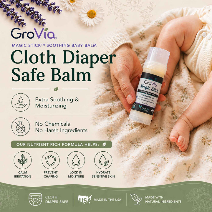 GroVia Cloth Diaper Safe Balm with baby and lavender in the background