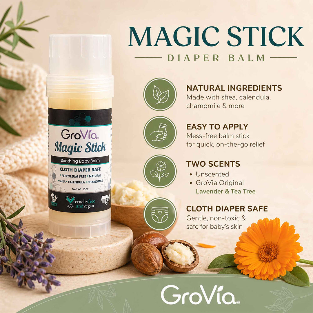 GroVia Magic Stick Diaper Balm with natural ingredients and benefits on a beige background
