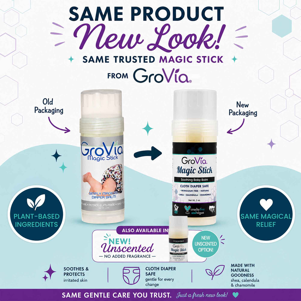 Comparison of GroVia Magic Stick with old and new packaging on a light blue background.