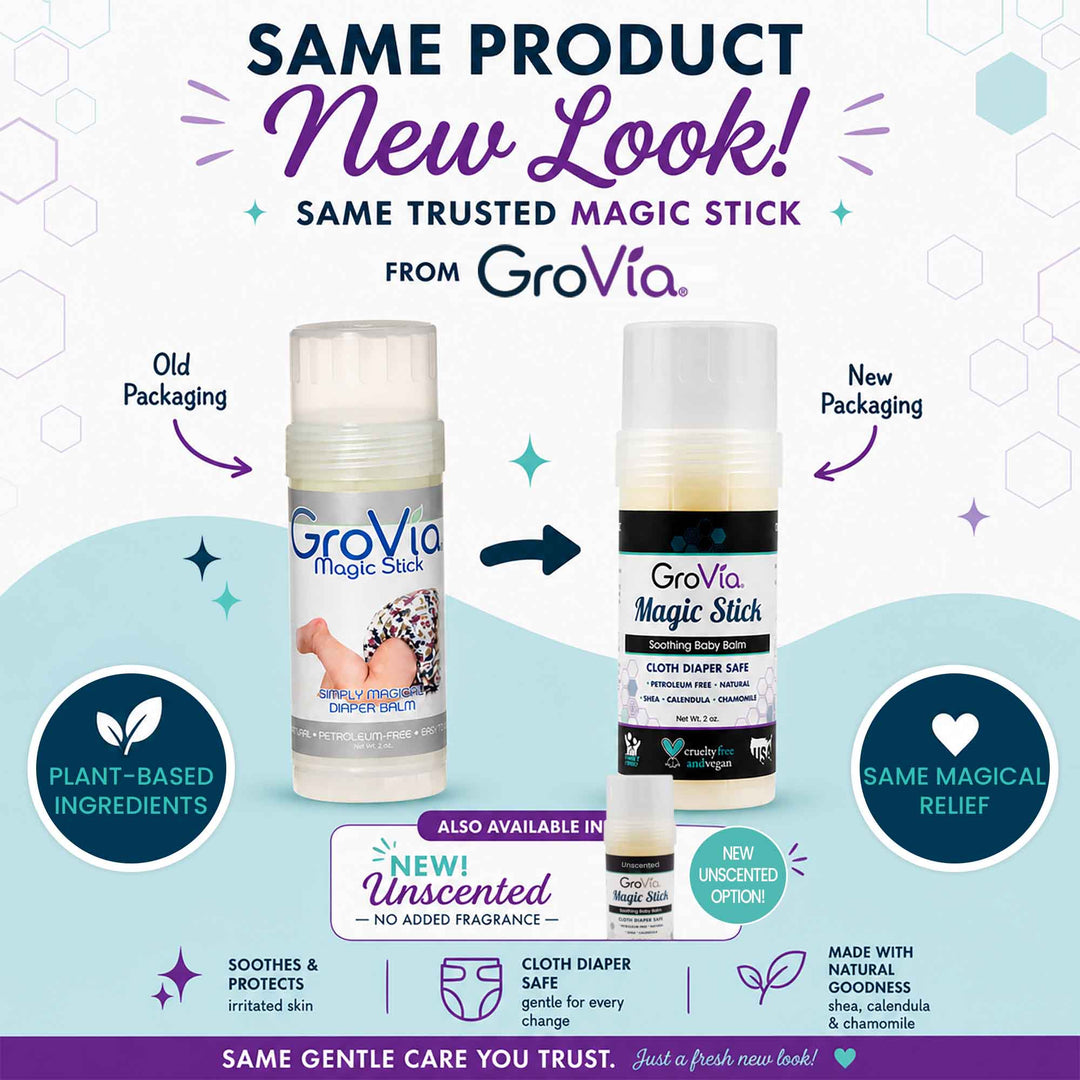 Comparison of GroVia Magic Stick with old and new packaging on a light blue background.