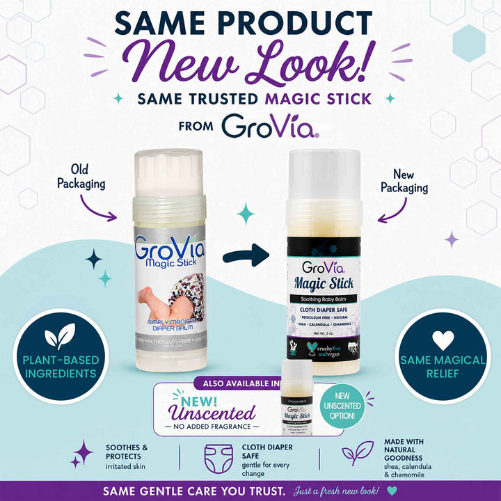 Comparison of GroVia Magic Stick with old and new packaging on a light blue background.