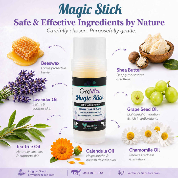 GroVia Magic Stick with natural ingredients displayed around it on a white background