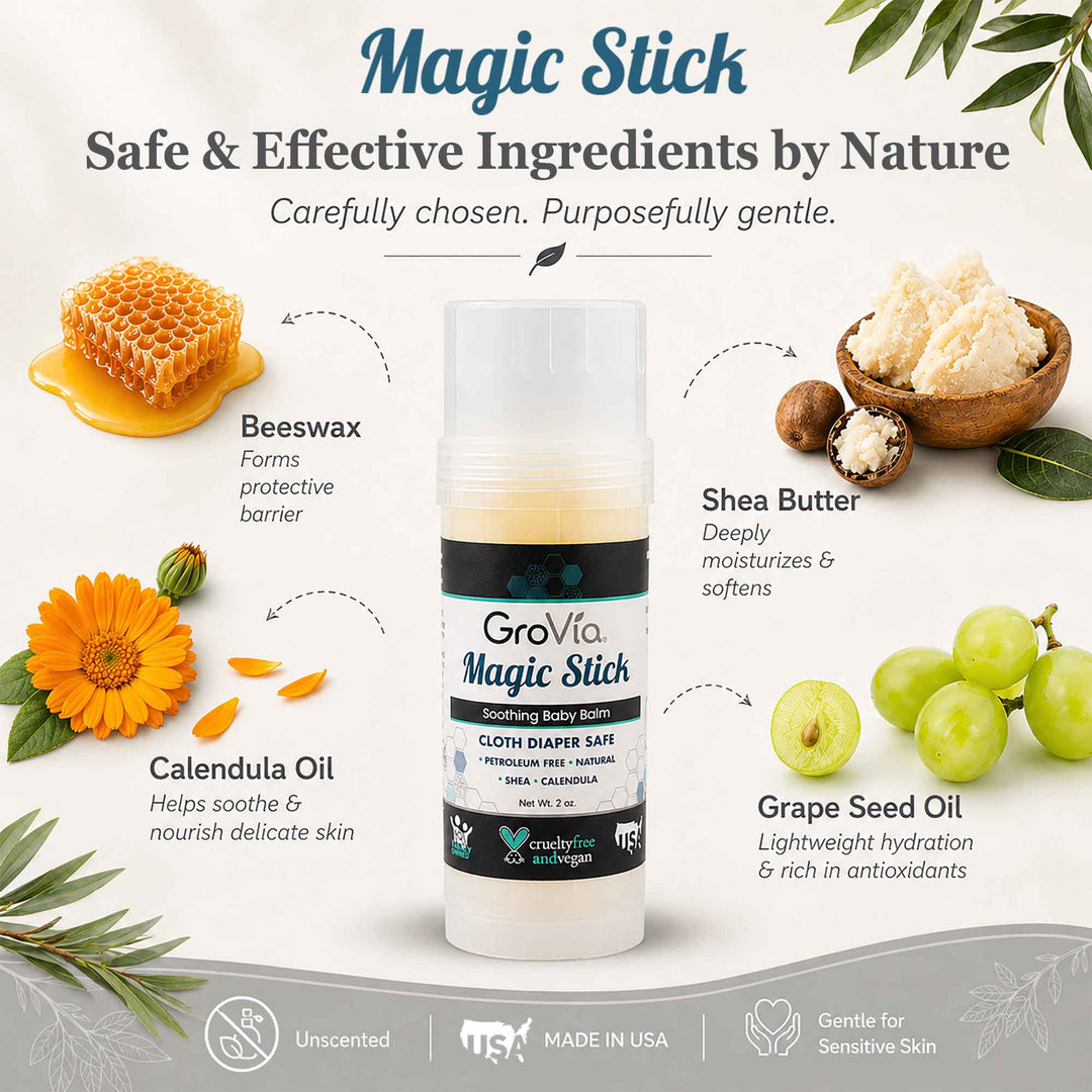 GroVia Magic Stick with natural ingredients and benefits on a white background