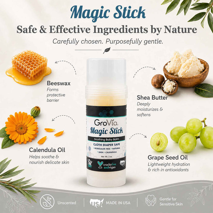 GroVia Magic Stick with natural ingredients and benefits on a white background