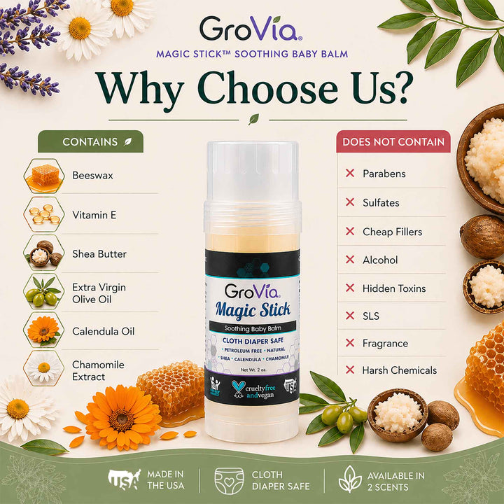 GroVia Magic Stick Soothing Baby Balm with ingredients and benefits listed on a natural product theme.