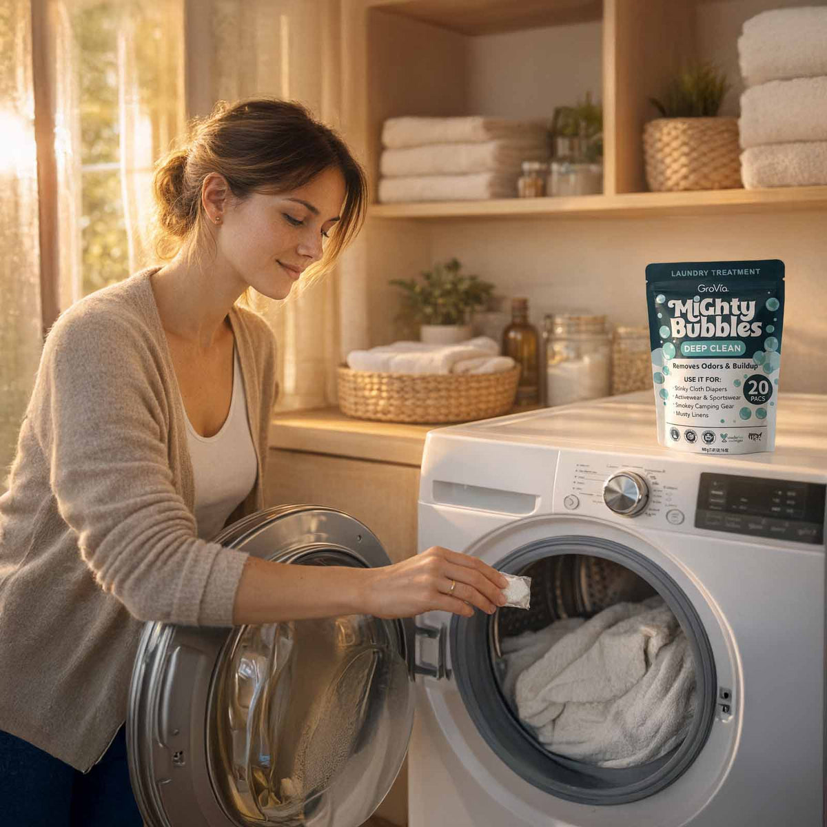 Woman loading a washing machine with a container of Mighty Bubbles laundry treatment in the foreground.