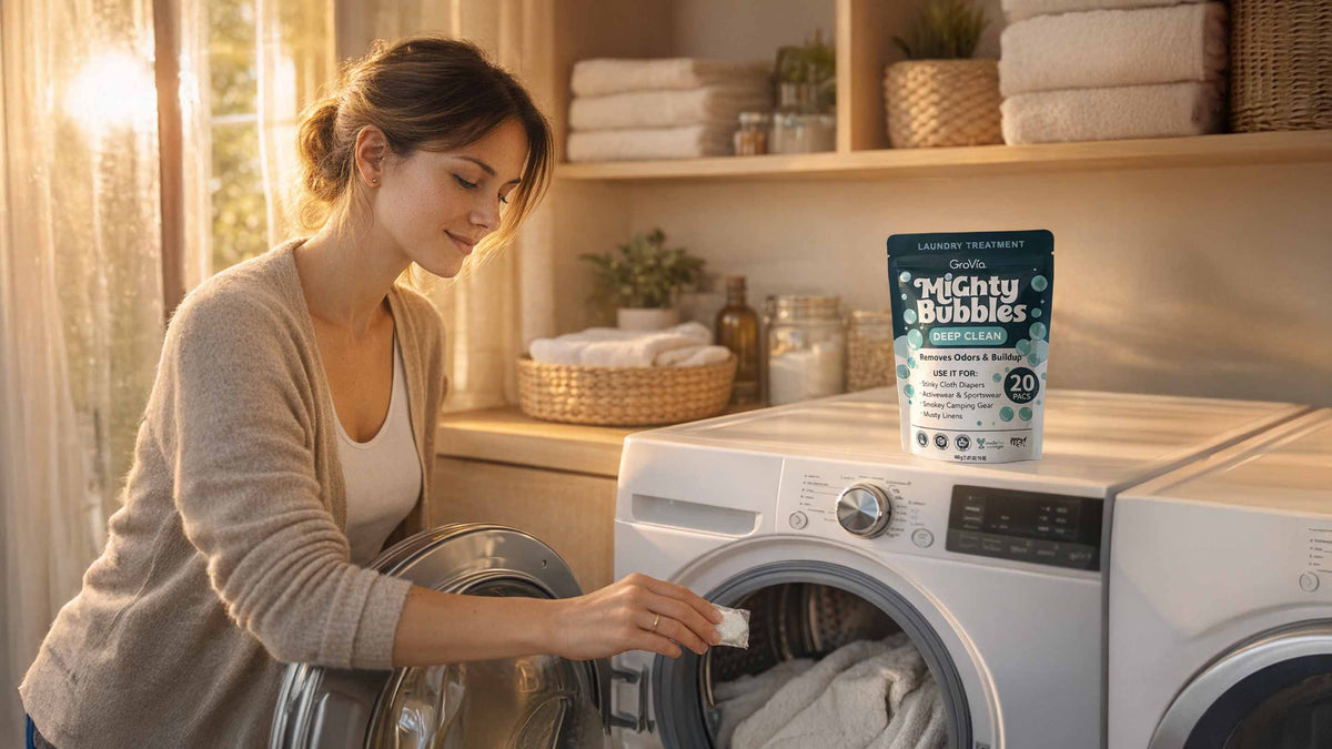Woman loading washing machine with a container of Mighty Bubbles laundry detergent in a home laundry room.