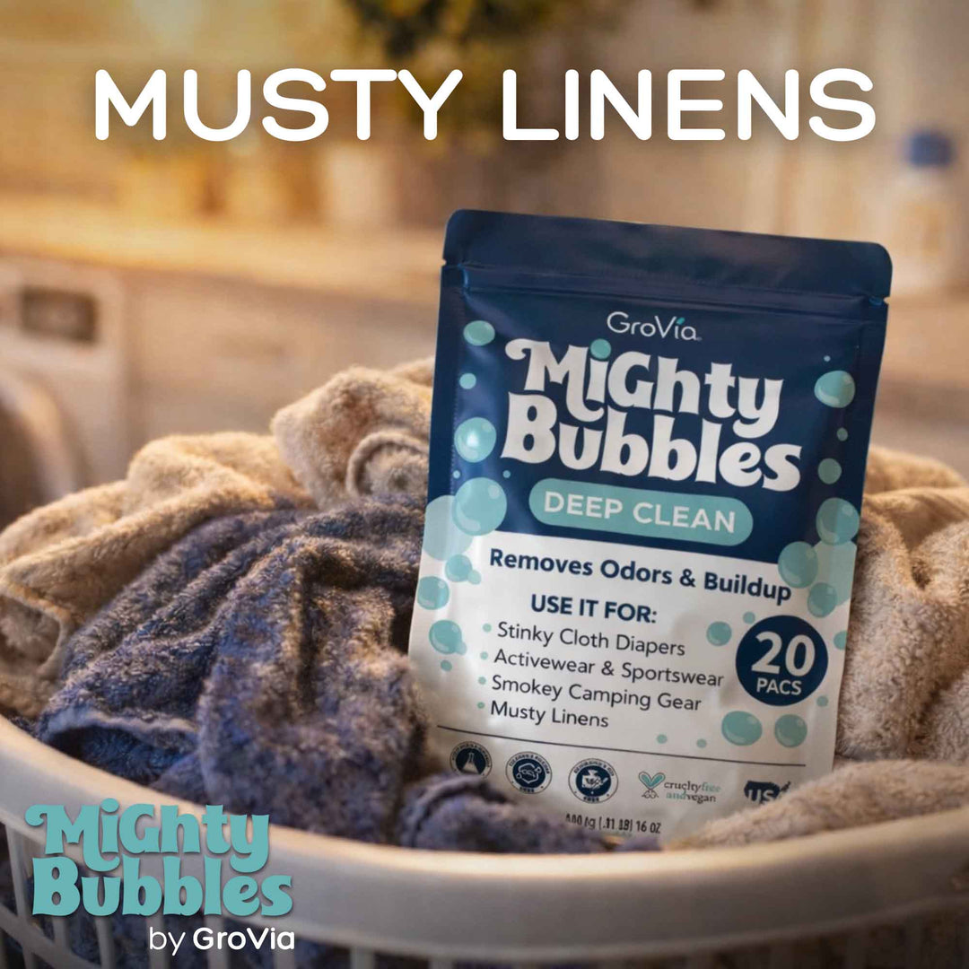 GroVia Mighty Bubbles Deep Clean packaging in a laundry basket with text &