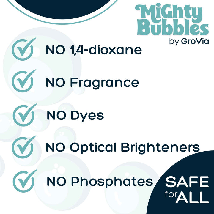 Mighty Bubbles by GroVia product listing with safety features on a white background