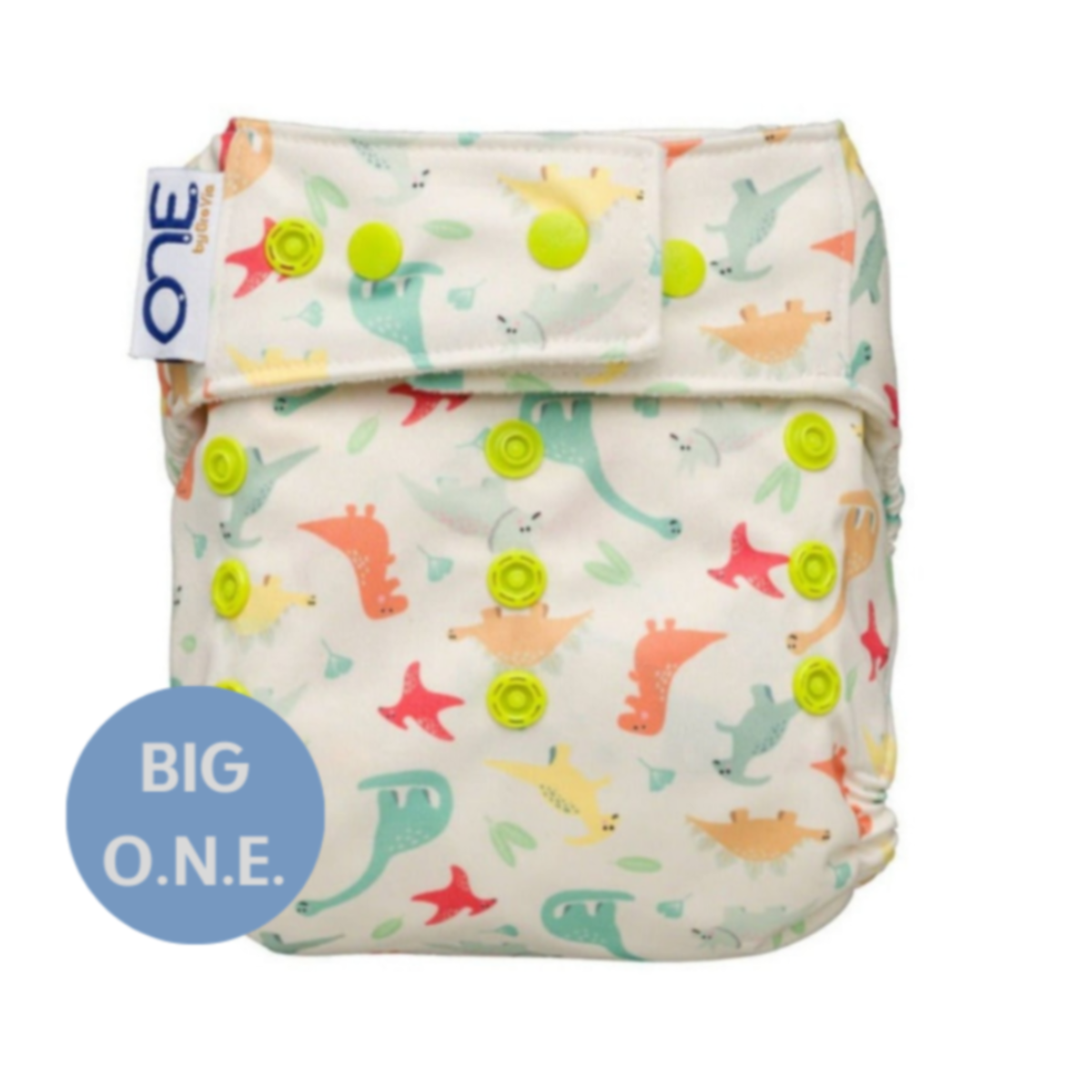  Big O.N.E. Cloth Diaper - Relic with colorful dinosaurs on a white background. 