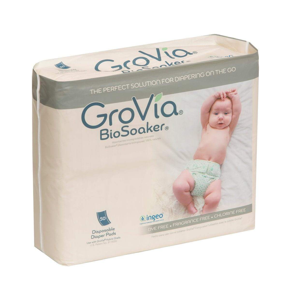 Disposable BioSoaker Pads- Front of packaging with a picture of a baby. 