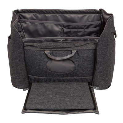 Hie Diaper Bag in the color Jet showing the bag open and access to the Changing Pod. 