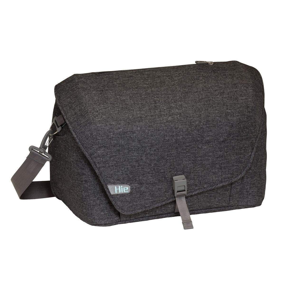 The Hie Diaper bag in the color Jet which is a dark gray. 
